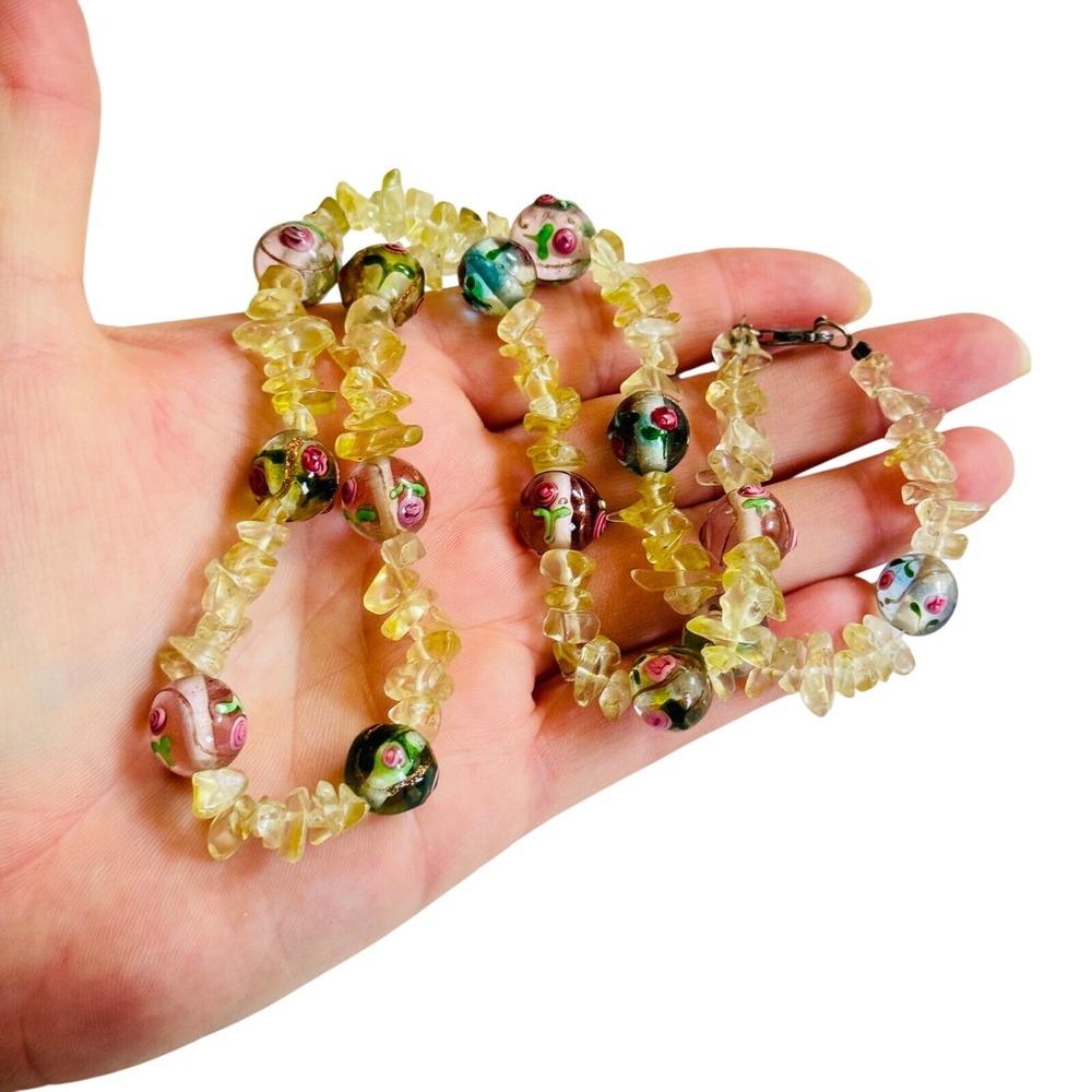 VTG Necklace Venetian Art Glass Murano Wedding cake peridot Beads sterling 20"